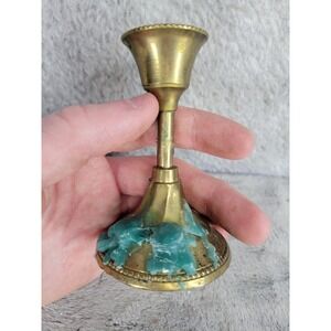 Vintage Brass Candlestick Holder Teal Wax Drip Decorative Tabletop Accent 3.25"